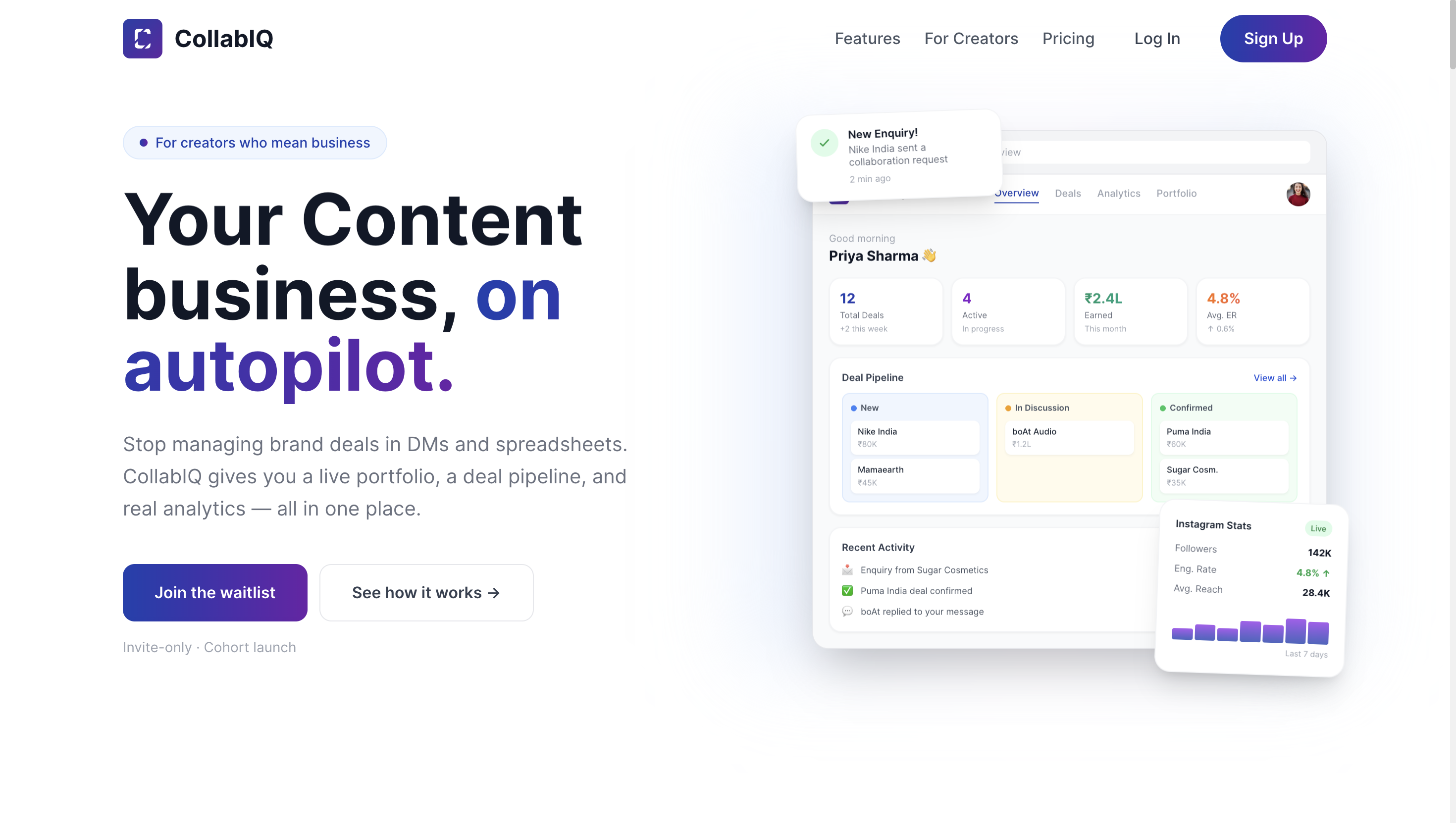 The CollabIQ landing page: the headline “Your Content business, on autopilot”, a line about replacing brand deals run out of DMs and spreadsheets, and a waitlist call to action, beside a preview of the dashboard showing deal counts, earnings, a deal pipeline and live Instagram stats.